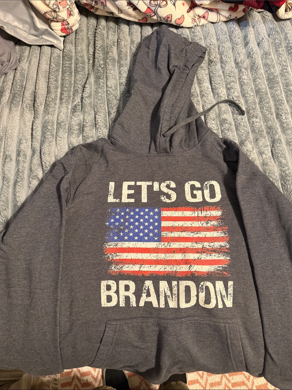 Port and Company Gray Hoodie LET'S GO BRANDON American Flag Graphic